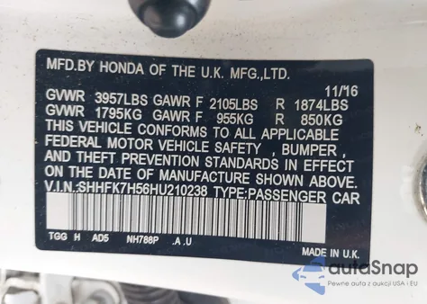 2017 Honda Civic Ex из США, поврежденный, VIN SHHFK7H56HU210238